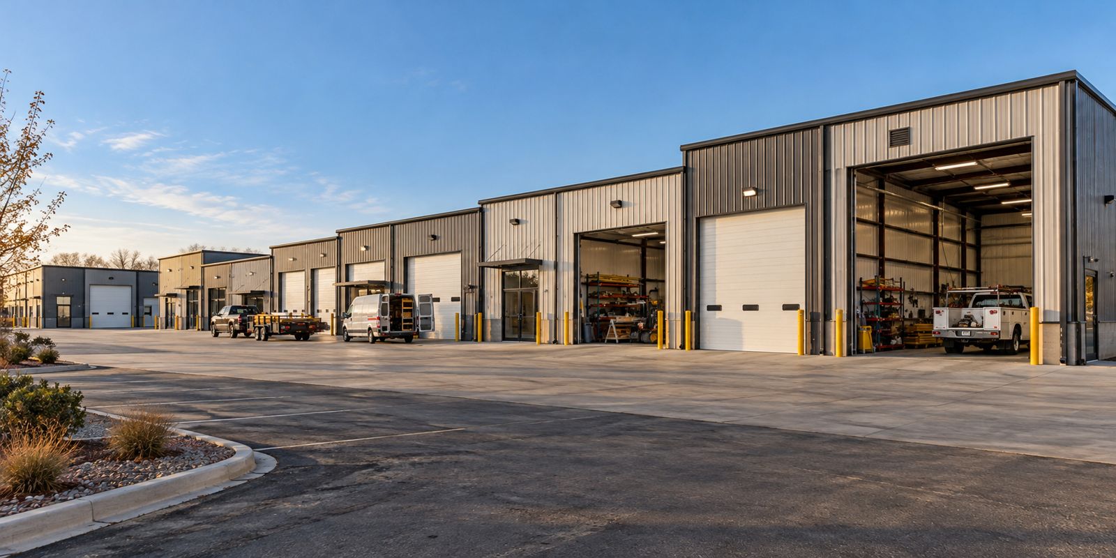 A row of metal-sided work bays with white overhead doors.